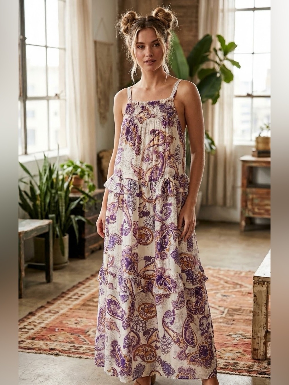 NWT B.O.G. Band of the Free Liliane Paisley Maxi Dress Sz. M [8-10] Cream Purple